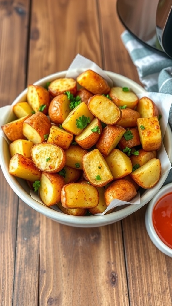 Crispy Air Fryer Roasted Potatoes Recipe Crispy roasted potatoes in a bowl, garnished with parsley, on a wooden table.